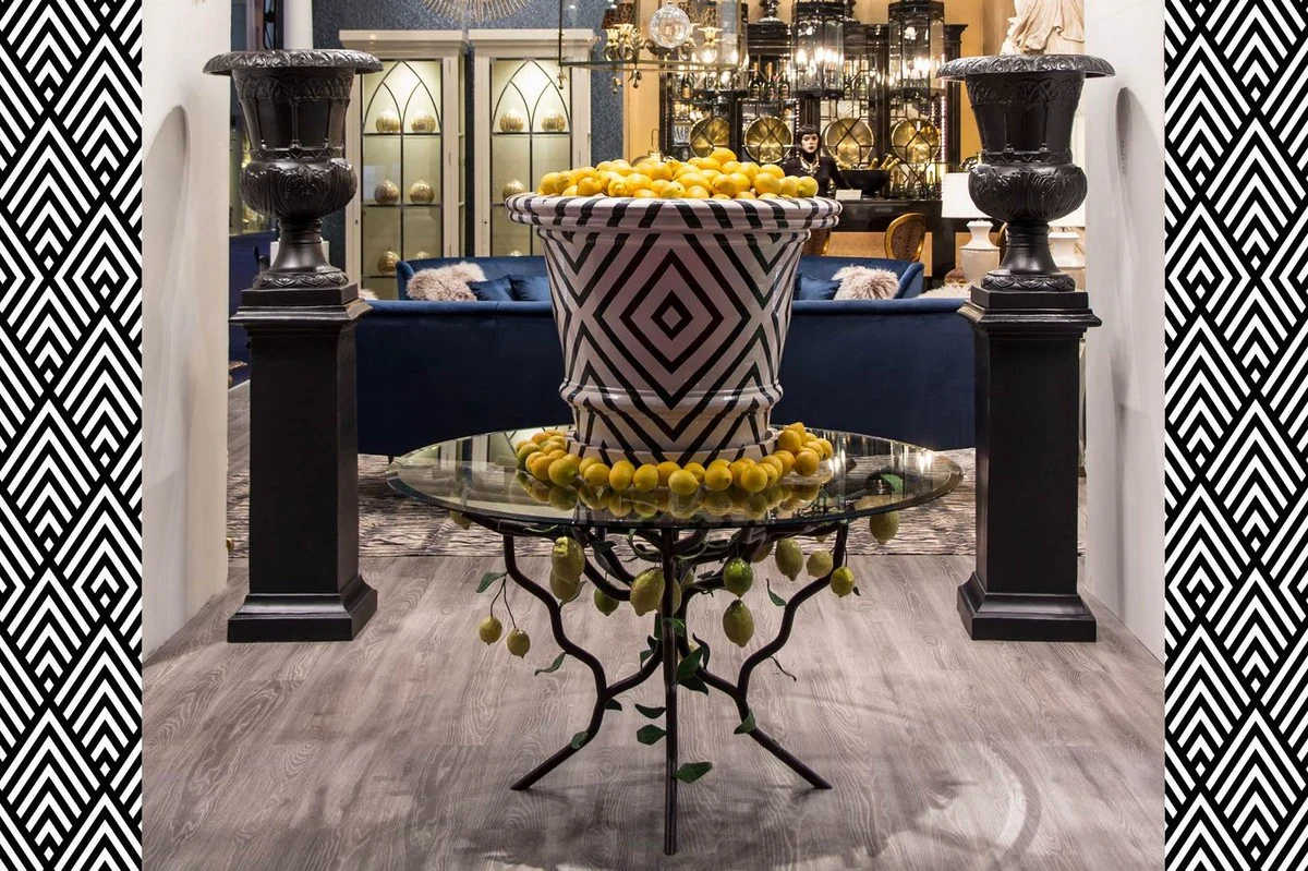 Luxury dining table black / yellow / green Ø 120 x H. 75 cm - hand-forged wrought iron table with glass top and lemon bush frame - dining room garden patio furniture