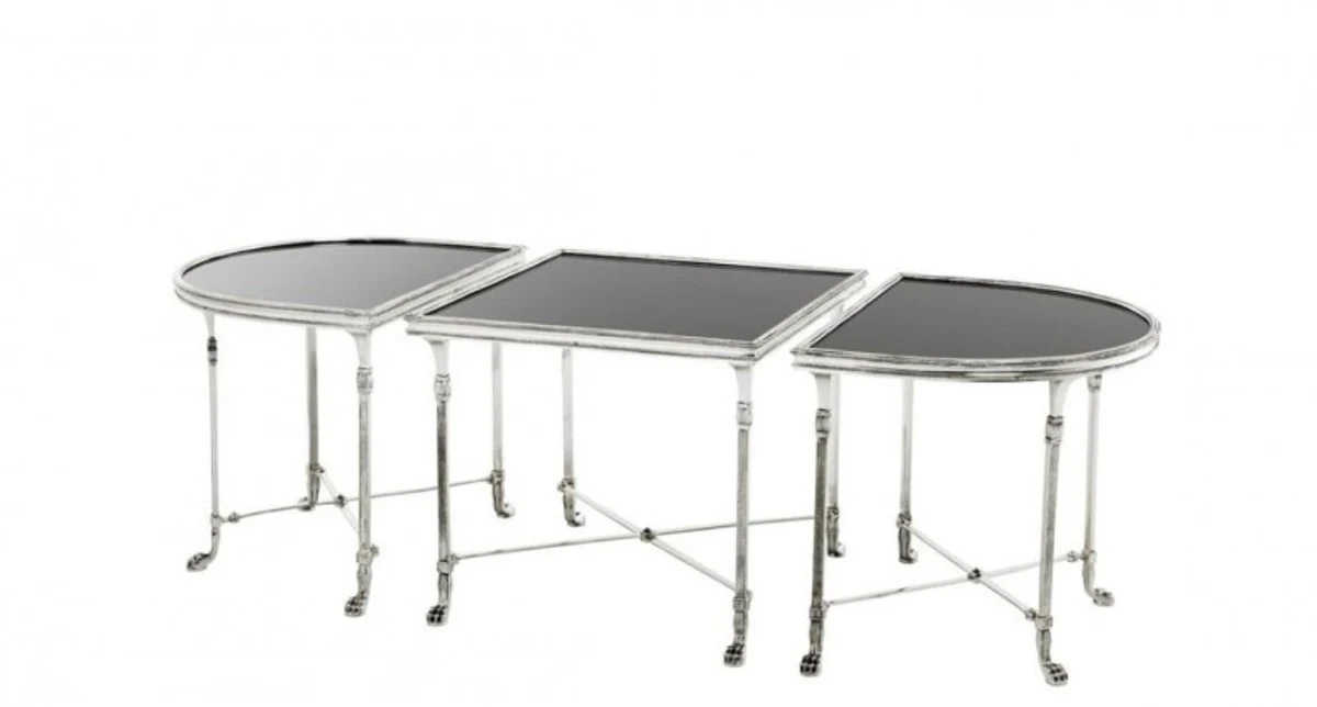 Luxury Art Deco designer side table set of 3 antique silver with black glass - hotel table furniture