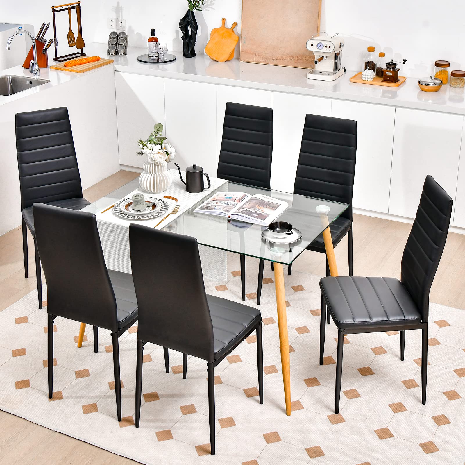BEFOUNDLOVELY Black Polyvinyl Chloride Metal Dining Chair Set of 6 - Ergonomic High Back, Soft Padded Seat and Back
