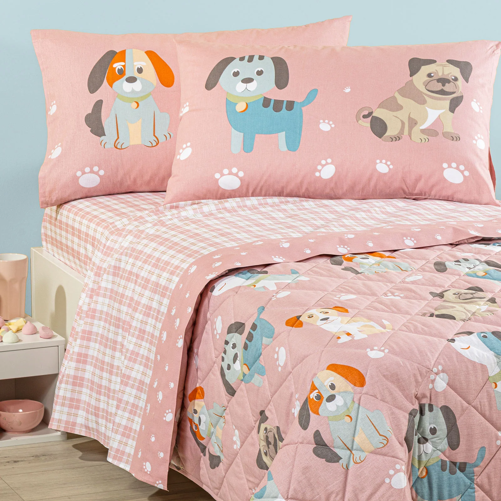 Copriletto Trapuntato In Cotone Cuccioli Piazza E Mezza Rosa Caleffi Kids