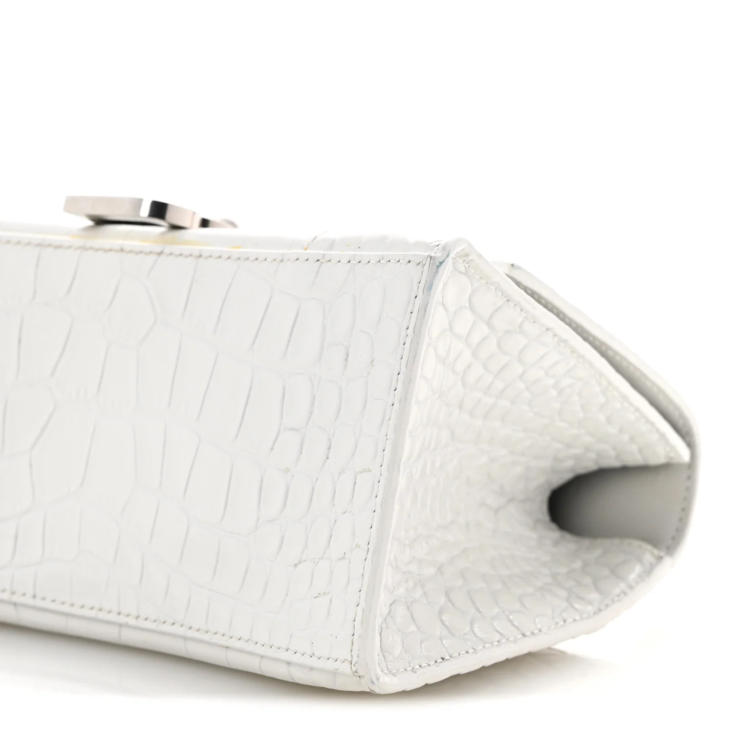 Calfskin Crocodile Embossed Small Hourglass Top Handle Bag White - Top Club