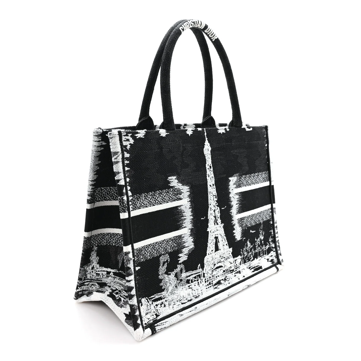Canvas Embroidered Medium Paris Book Tote Black White - Top Club