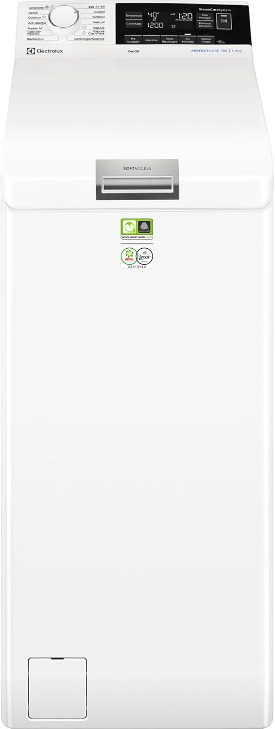 Electrolux 700 Lavatrice a Carica Dall'alto, 7 kg, EW7T337A, Classe A, Tecnologia SteamCare e Tecnologia SensiCare, Display LED con Touch Control, Giri 1251, 600x400x890 mm, Bianco