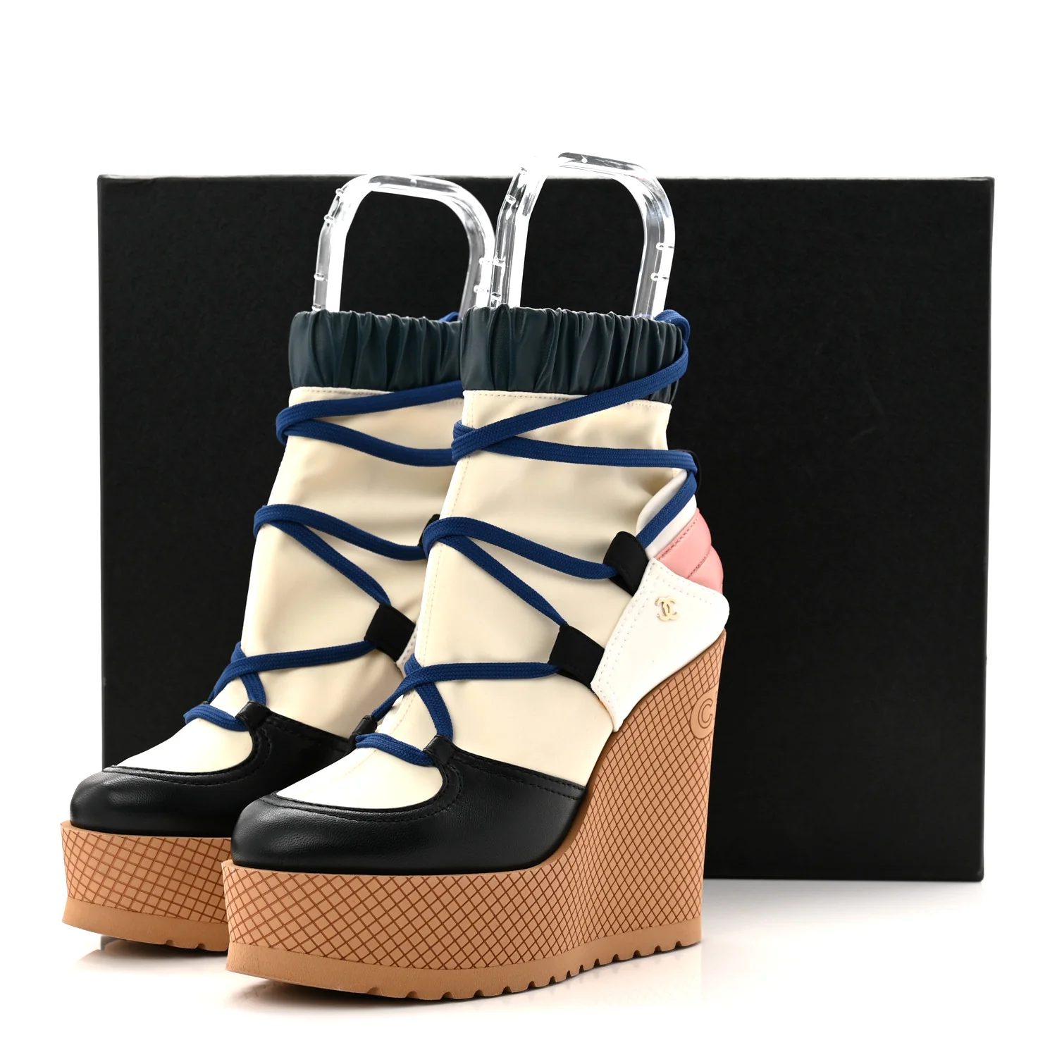 Fabric Lambskin Calfskin Runway Wedge Short Platform Boots 36 Blue White Pink - Top Club