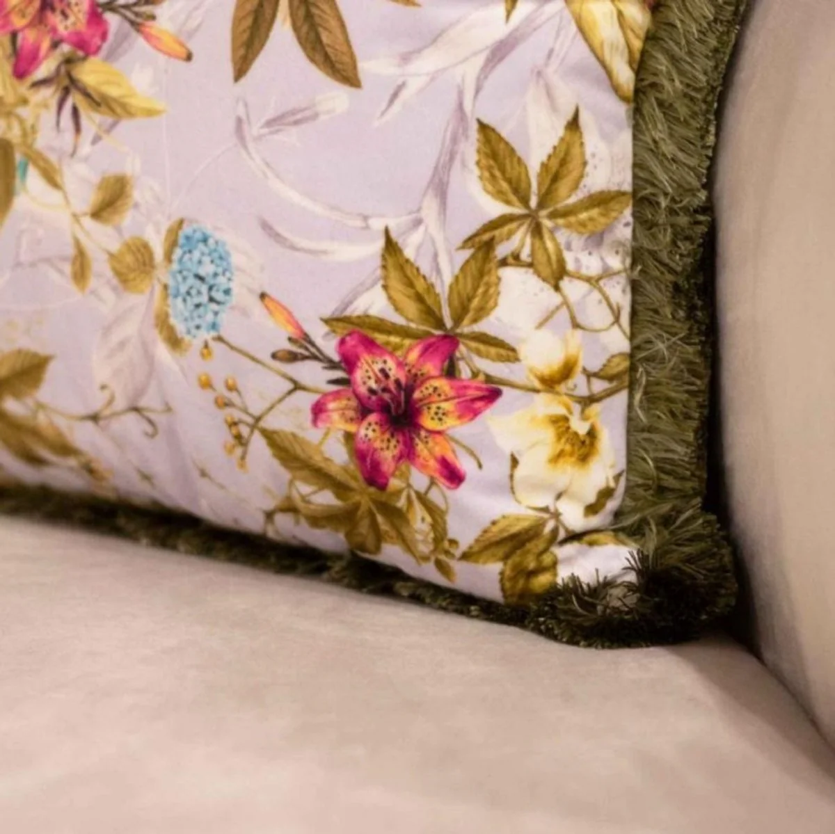 Luxury decorative cushion flowers design gray / multicolored / green 45 x 45 cm - printed velvet cushion with fringes - decorative accessories