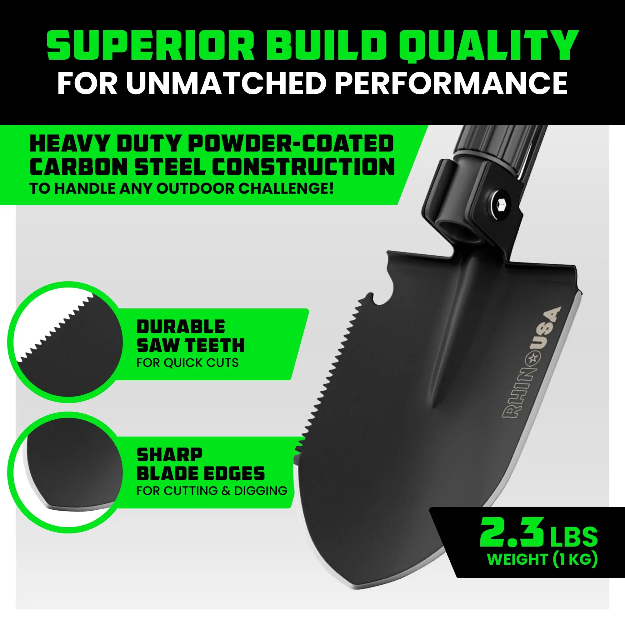 Rhino USA Survival Shovel w/Pick Heavy Duty Carbon Steel Military Style Entrenching Tool for Offroad, Camping, Digging Dirt, Sand, Mud & Snow