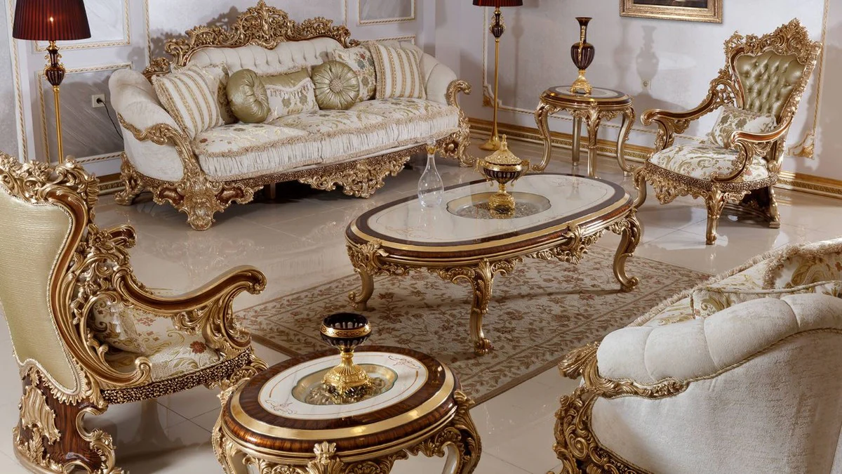 Luxury baroque coffee table white / brown / gold - magnificent living room table with glass top - baroque living room furniture - noble & magnificent