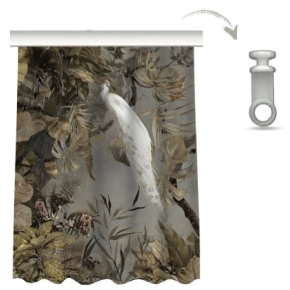 Luxury Curtain Set White Peacock in the Forest Gray / Multicolored 250 x H. 290 cm - Printed Linen & Velvet Curtains - Eyelet Curtains - Sliding Curtains - Luxury Living Room Curtains