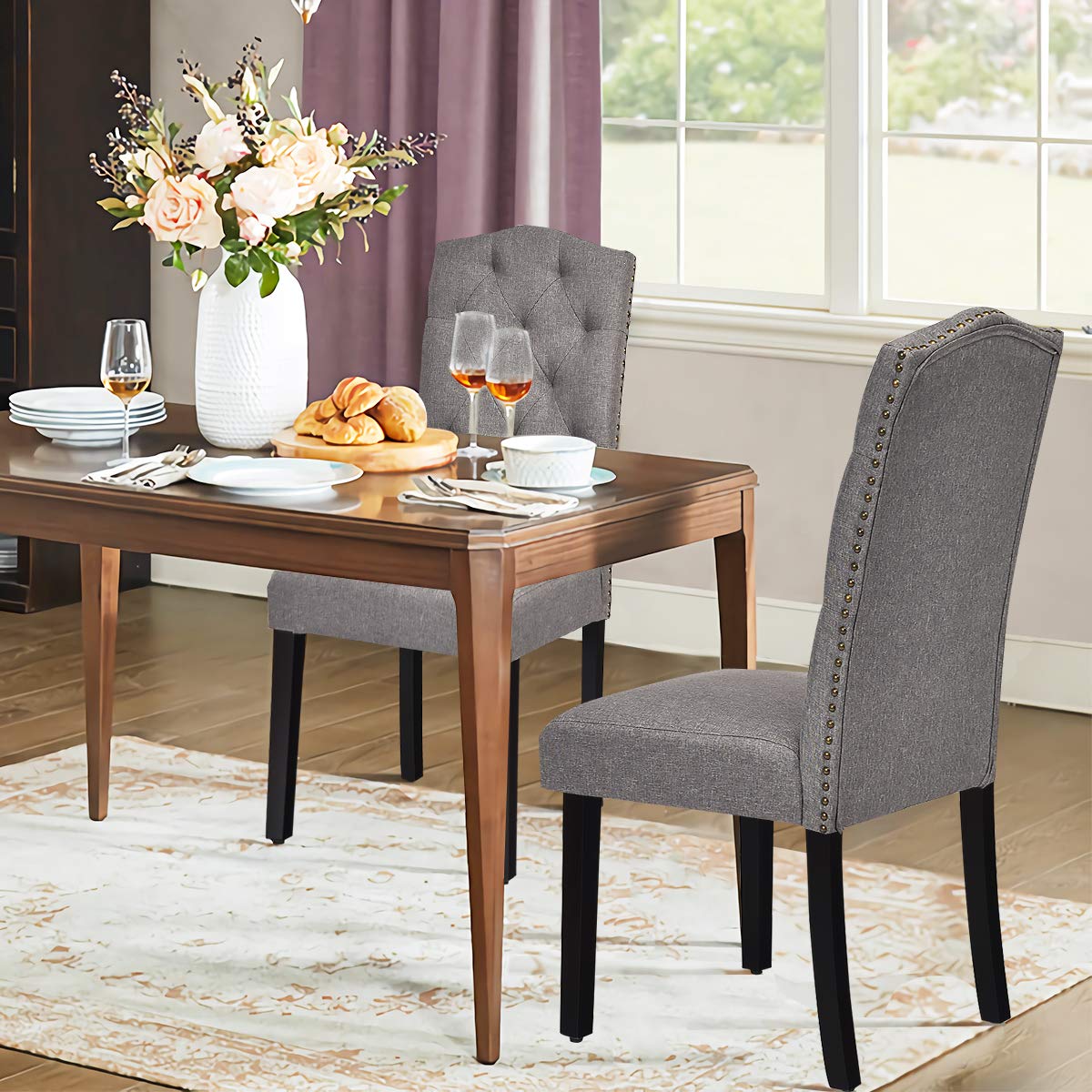 BEFOUNDLOVELY Set of 2/4 Tufted Fabric Dining Chairs with Padded Seat and Tall Backrest