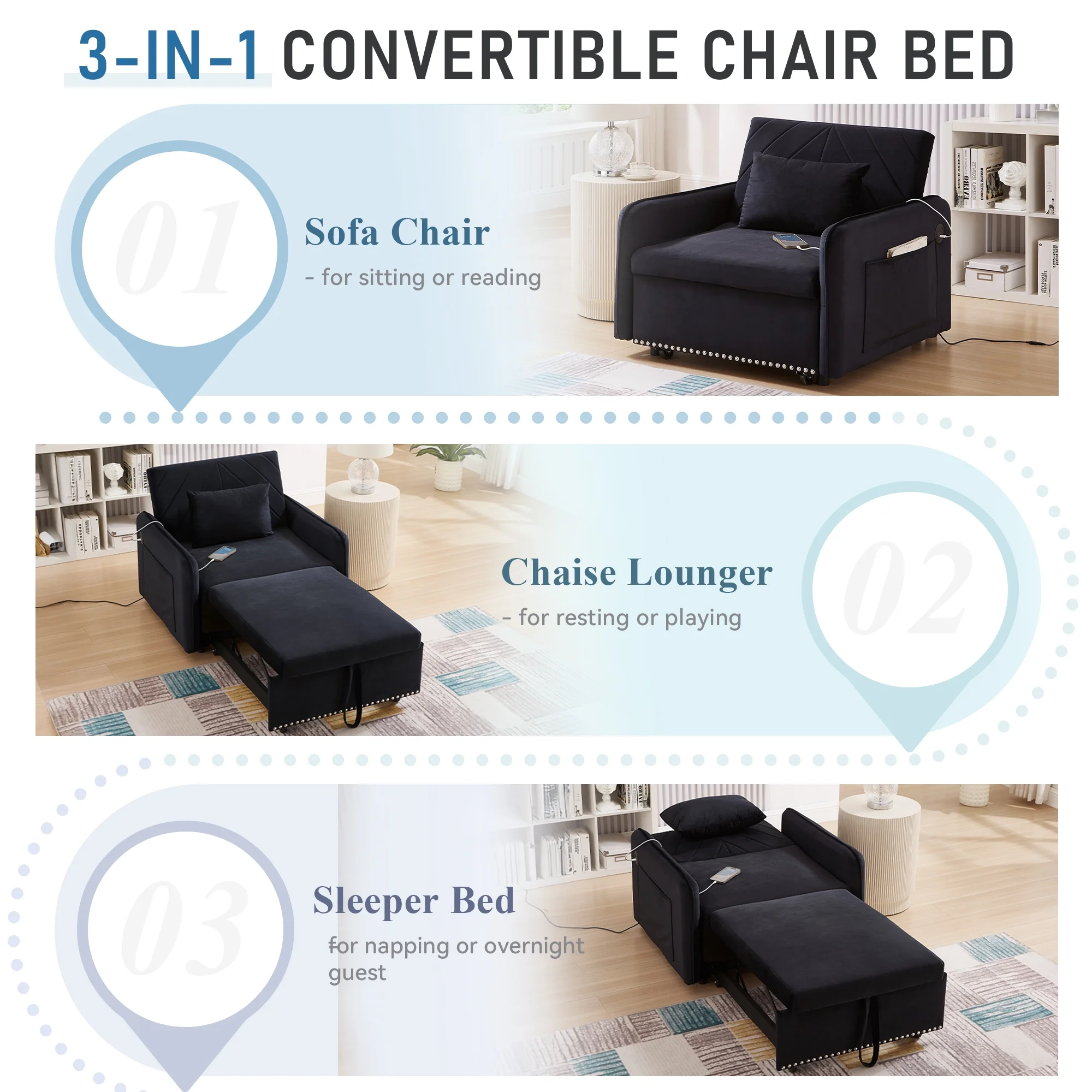 Lunale 3 - in - 1 Convertible Sleeper Chair Bed, Indoor Lounge Chair with USB/Type - C Charging Ports, Modern Recliner Sofa for Living Room, Gray Velvet