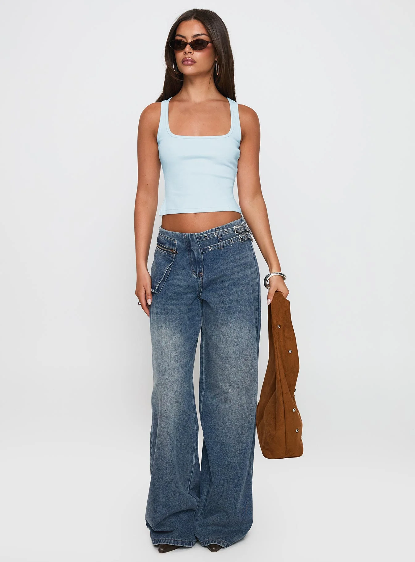 Paltrow Mid Rise Wide Leg Cargo Jeans Mid Blue Wash