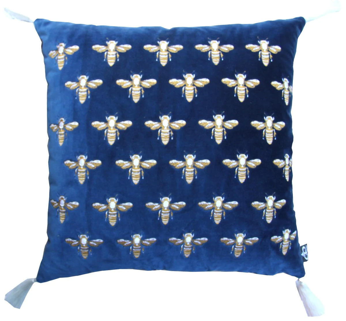 Luxury decorative cushion with tassels Bees blue / gold / white 45 x 45 cm - Finest velvet fabric - Luxury decorative accessories