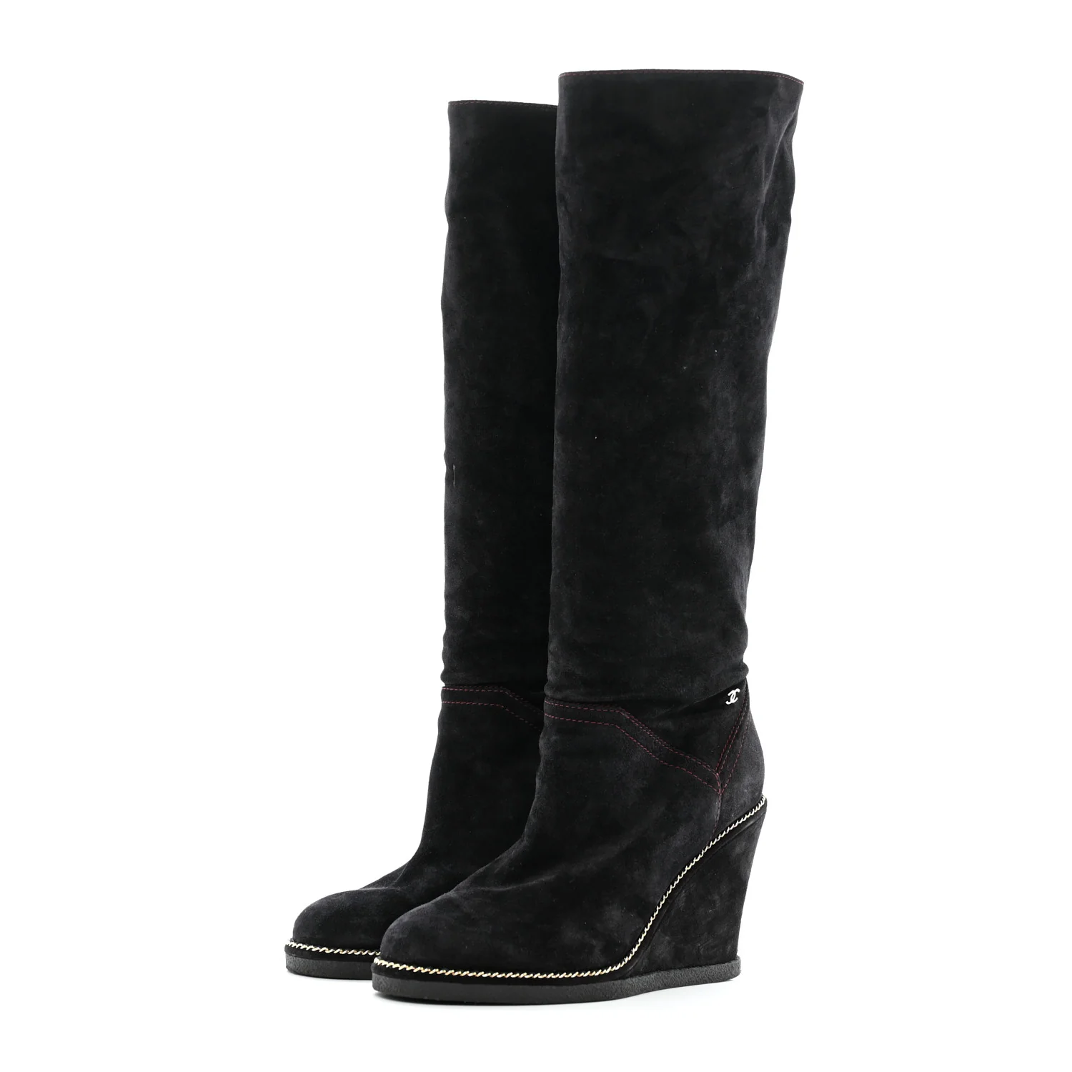 Suede Calfskin Chain Around High Boots 41 Black - Top Club