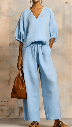 Women's Minimalist Solid-Color Loose-Fit V-Neck Casual Two-Piece Set - Nordfashionstorm - Women's Clothing, Fashion for You - Nordfashionstorm.com