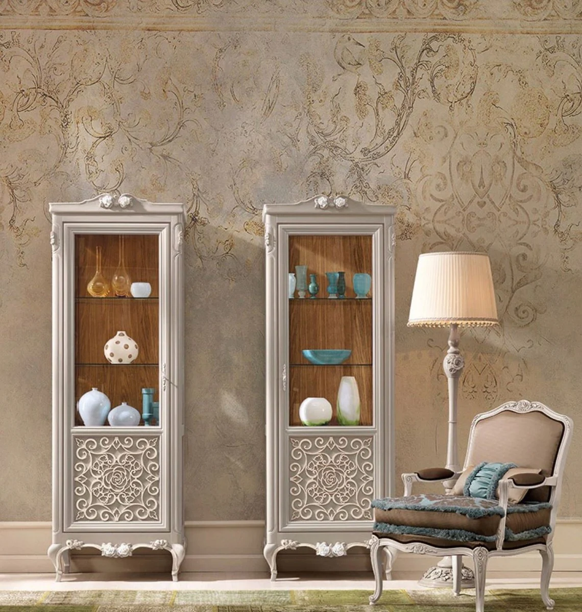 Luxury Baroque Display Cabinet Gray / Cream / Brown - Handcrafted Italian Baroque Style Display Cabinet - Italian Baroque Furniture - Baroque Style Furniture - Luxury Quality - Made in Italy