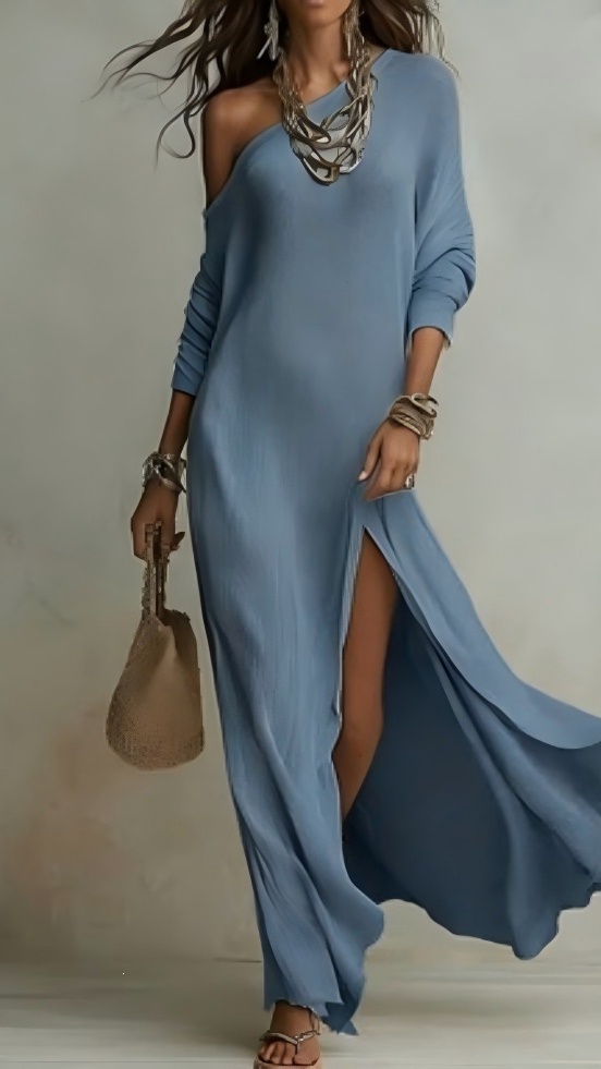 Women's Elegant Long-Sleeve Knitted Dress with Pleats and Slit - Nordfashionstorm - Women's Clothing, Fashion for You - Nordfashionstorm.com