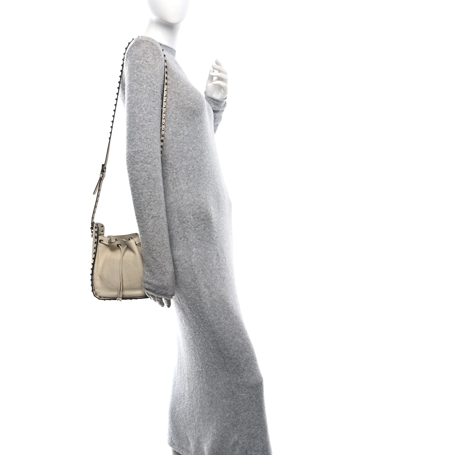Grained Calfskin Rockstud Bucket Bag Ivory
