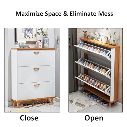 Slim Hidden Shoe Cabinet 3 Flip Drawers Shoe Storage Cabinet Wooden Tall Shoe Rack Closet Hallway Entryway Door Garage Closet