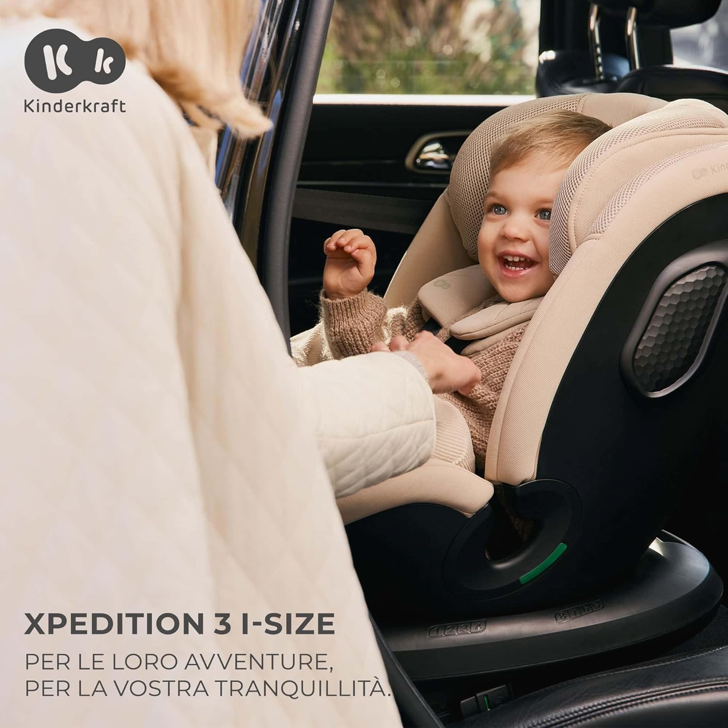 Kinderkraft XPEDITION3 I-SIZE 40-150 cm, Seggiolino auto 0-36 kg, 360 girevole, Isofix Base, Reclinabile Posizione sdraiata, Poggiatesta regolabile, Gruppo 0 1 2 3, SPS+, H-GUARD+, Beige