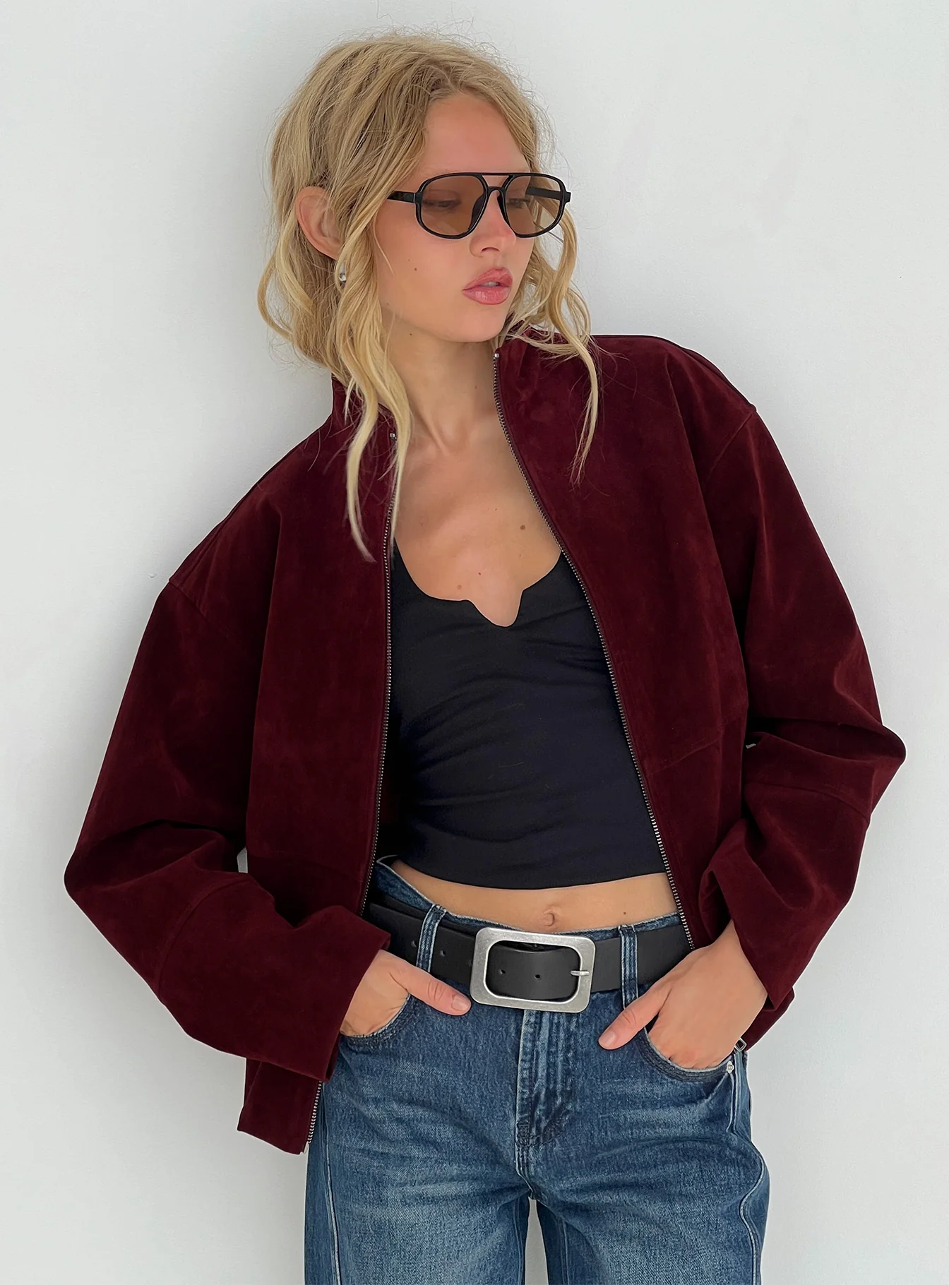 Jessalynn Faux Suede Zip Through Jacket Burgundy