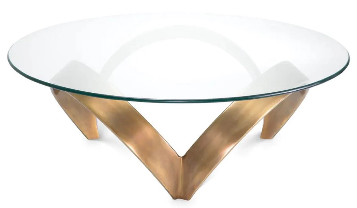 Luxury coffee table vintage brass Ø 110 x H. 36.5 cm - Round aluminum living room table with glass top - Living room furniture - Hotel furniture - Luxury furniture - Luxury collection