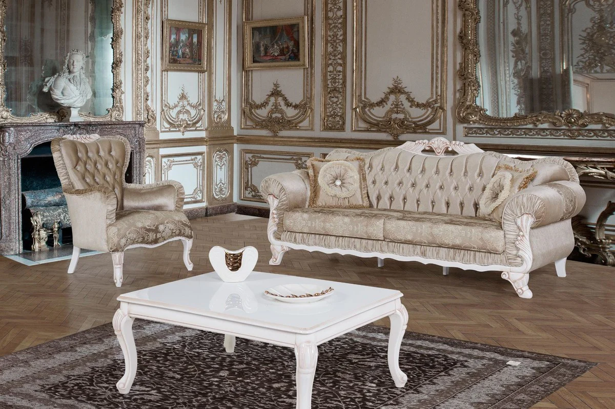 Baroque living room set brown / white / beige - 2 sofas & 2 armchairs & 1 coffee table - living room furniture in baroque style
