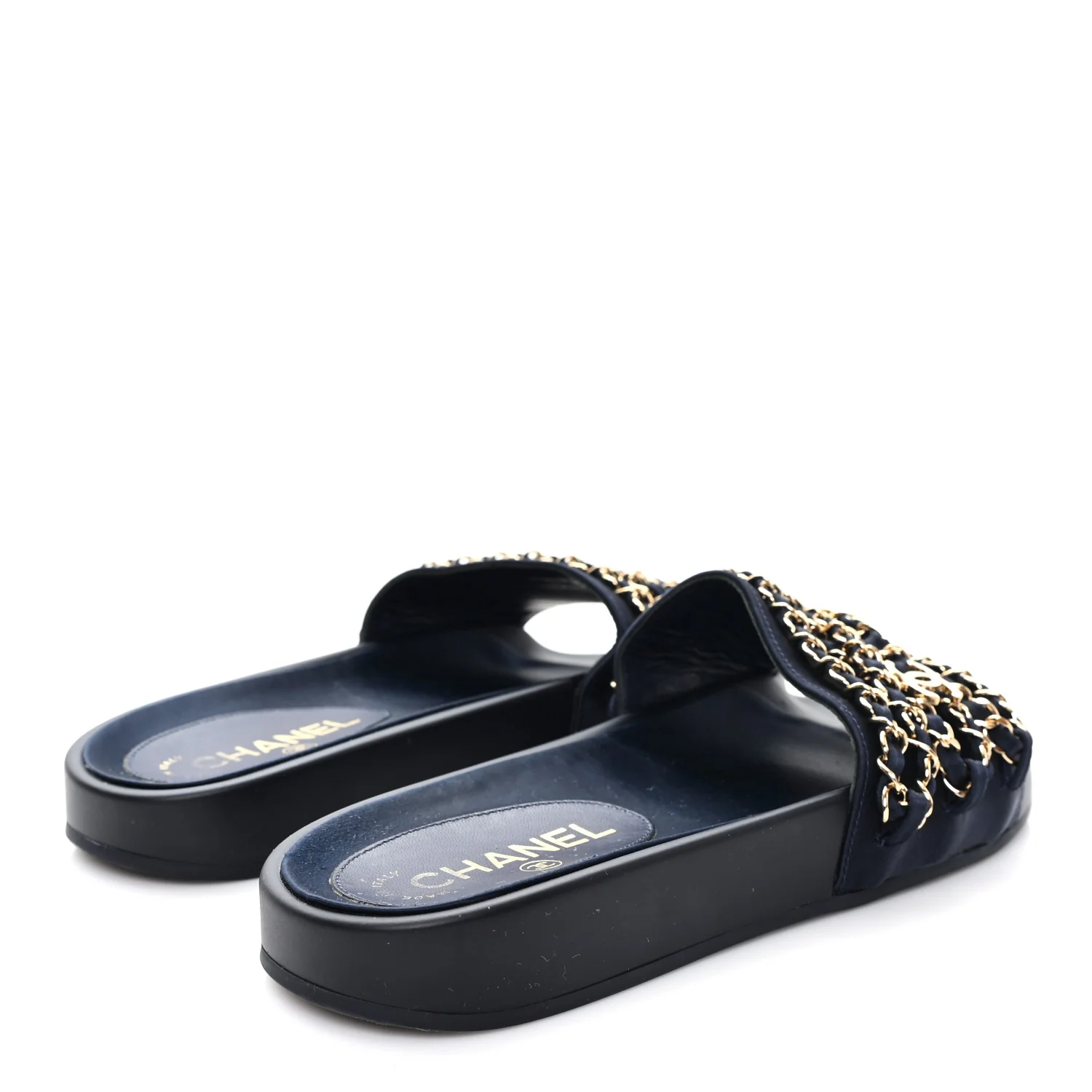 Satin Canvas Chain Slides Sandals Flats 38 Marine - Top Club