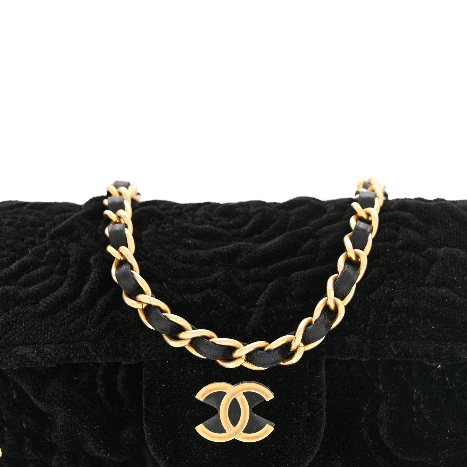 Velvet Camellia Embossed Jewel Belt Card Holder With Chain Black - Top Club