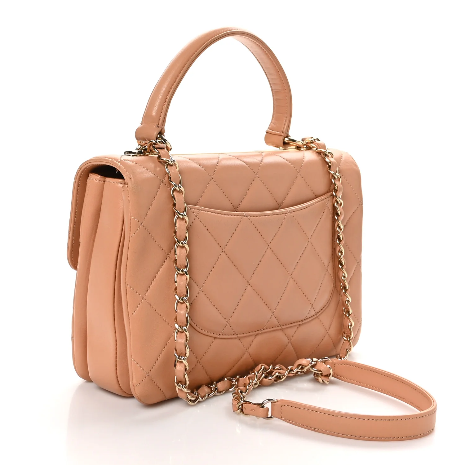Lambskin Quilted Small Trendy CC Dual Handle Flap Bag Camel - Top Club