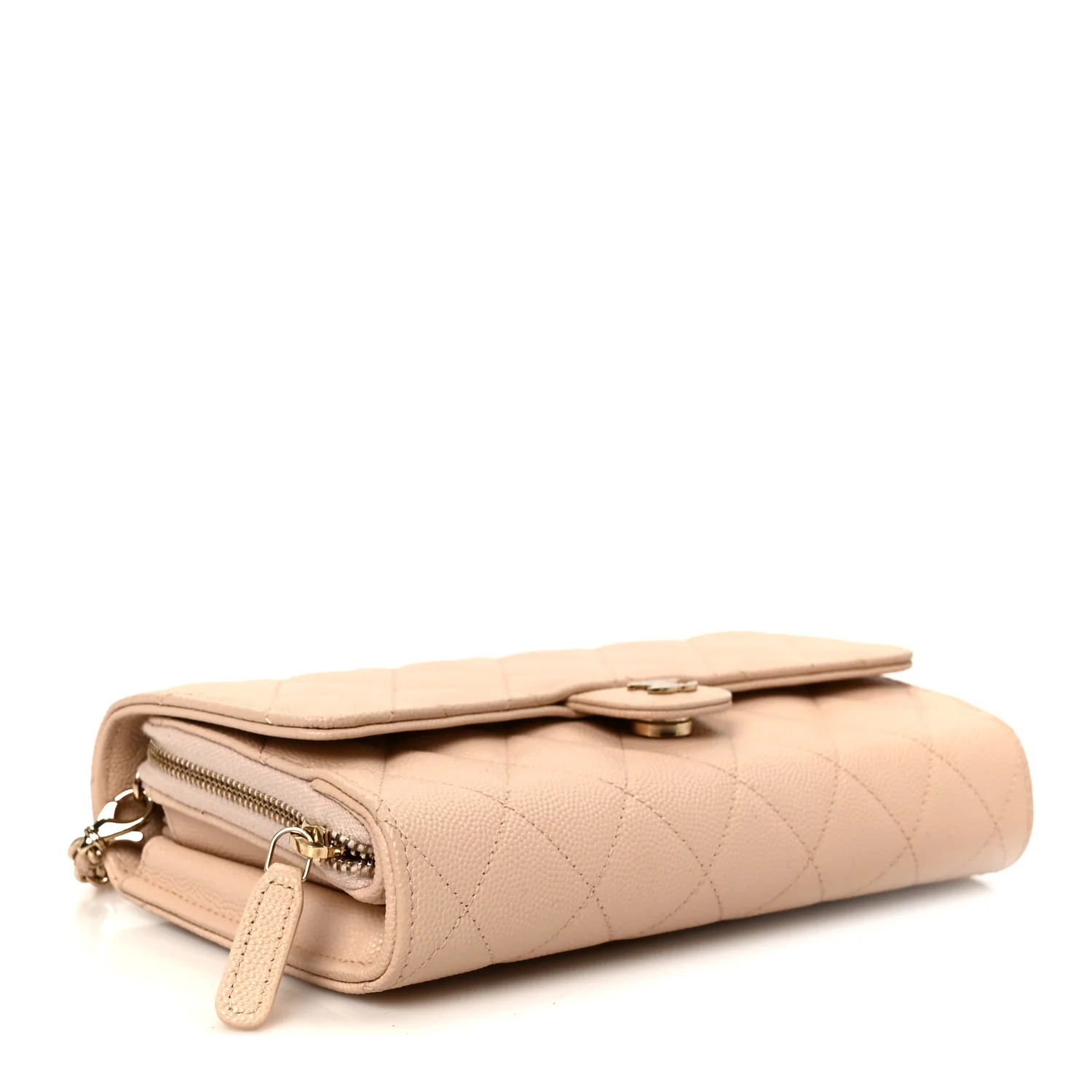 Caviar Quilted Phone Holder Wallet on Removable Chain Light Beige - Top Club