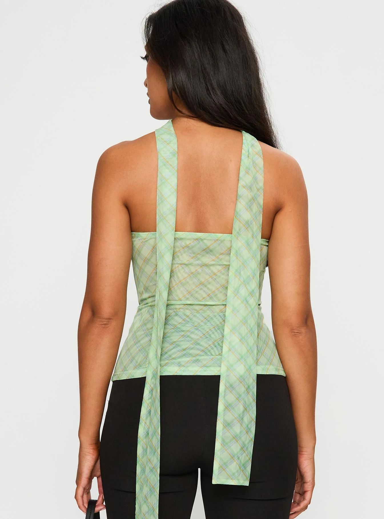 No Comparison Neck Tie Strapless Top Green Check