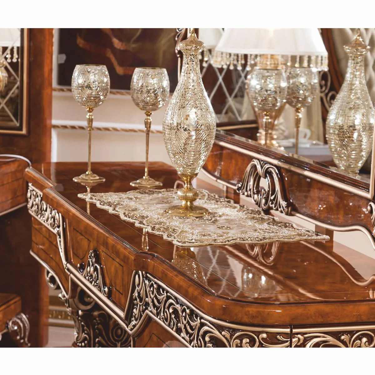 Luxury Baroque Dressing Table Set Brown / Bronze / Gold - Baroque Furniture