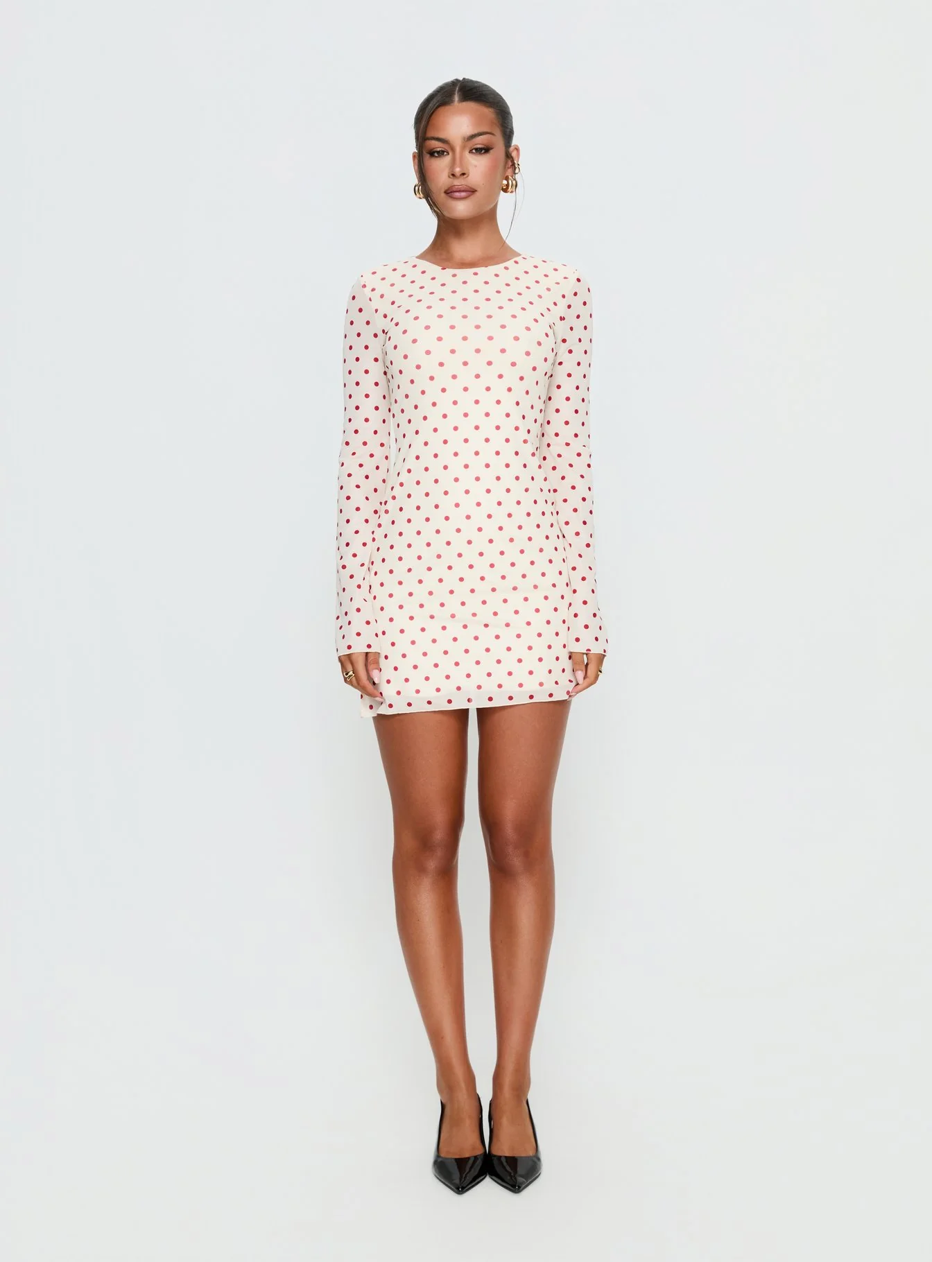 Nyxia Long Sleeve Mini Dress Cream / Red Polka