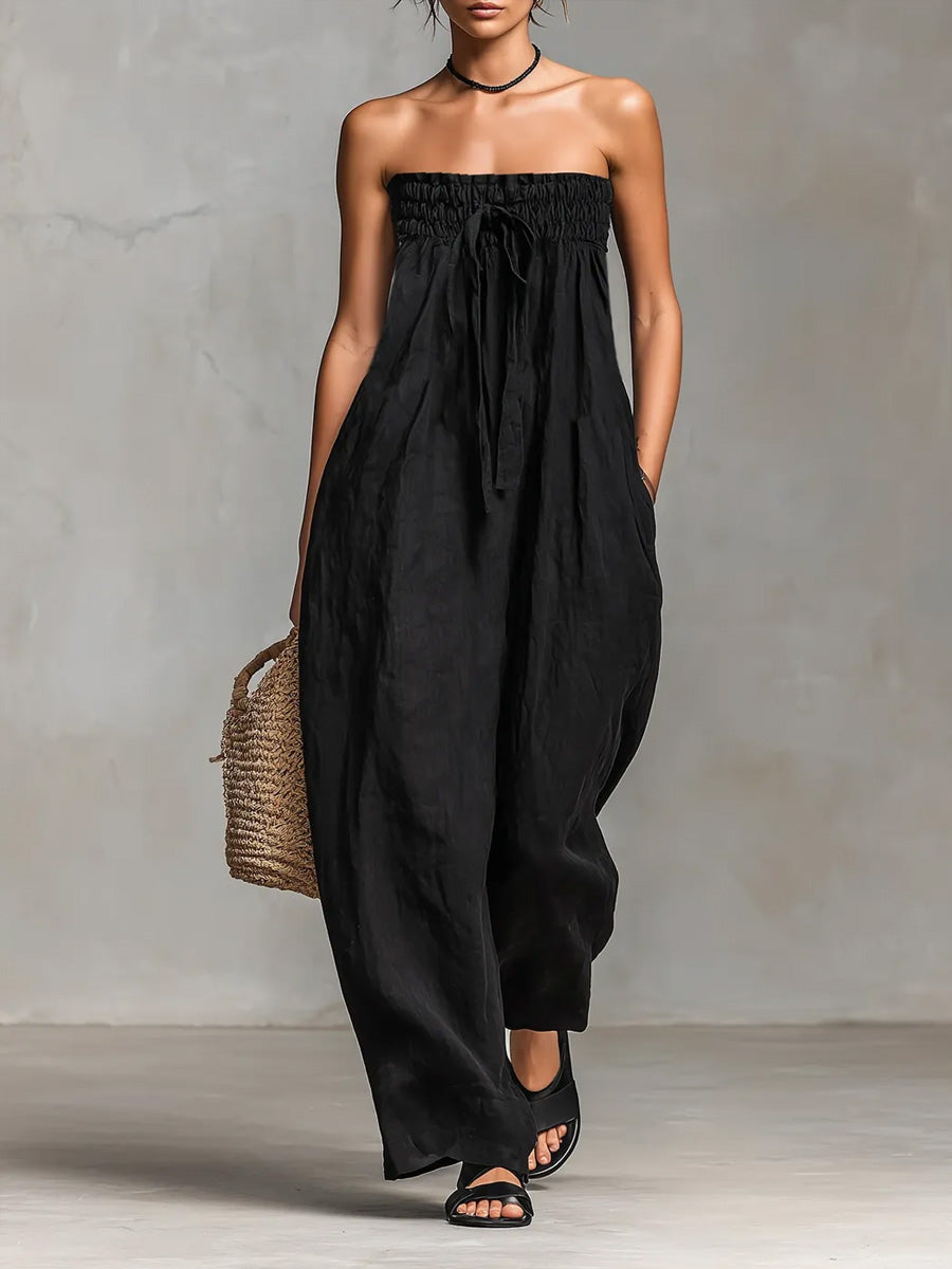 Women's Solid Color Strapless Casual Loose Cotton And Linen Jumpsuit - Nordfashionstorm - Women's Clothing, Fashion for You - Nordfashionstorm.com