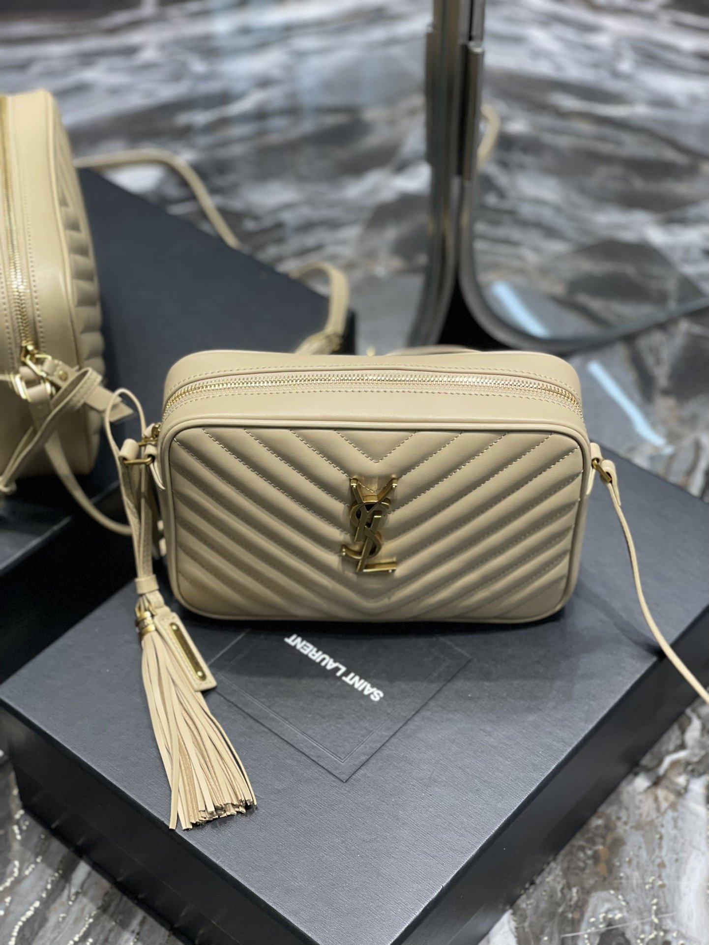Y Lou Camera Bag Beige With Gold Toned Hardware - Top Club