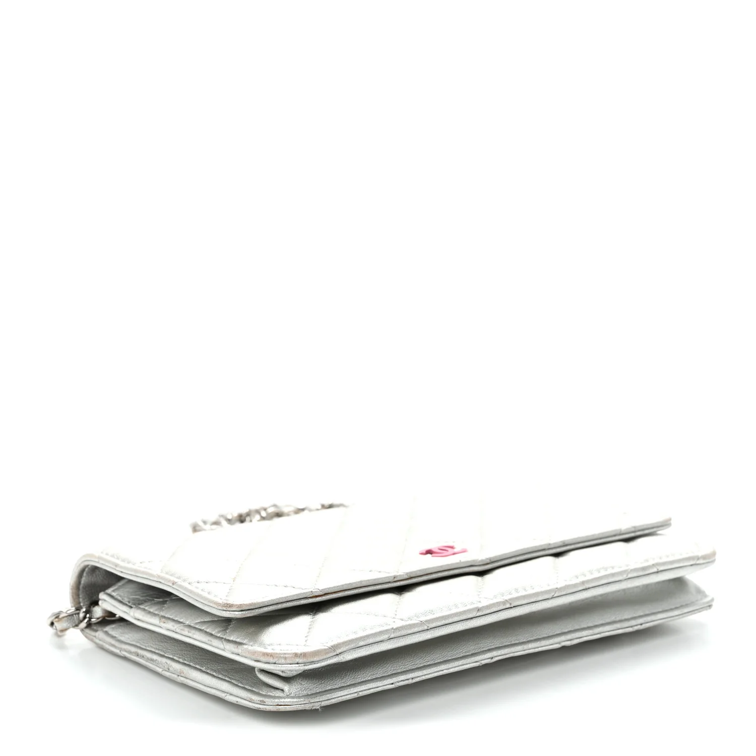 Metallic Lambskin Quilted Wallet On Chain WOC Silver - Top Club