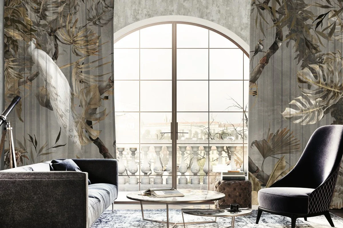 Luxury Curtain Set White Peacock in the Forest Gray / Multicolored 250 x H. 290 cm - Printed Linen & Velvet Curtains - Eyelet Curtains - Sliding Curtains - Luxury Living Room Curtains