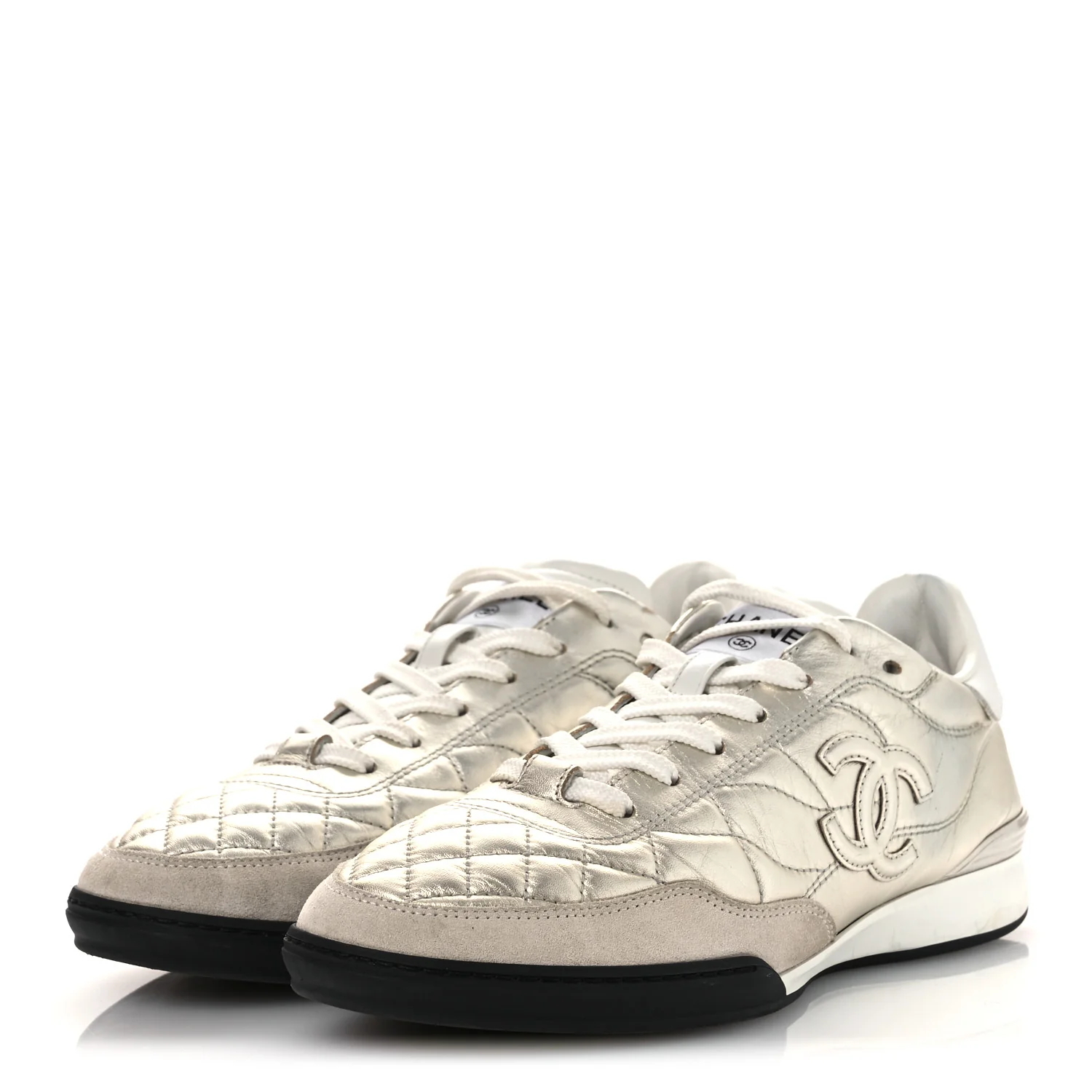 Laminated Calfskin Suede Quilted Womens CC Sneakers 39 Silver White - Top Club