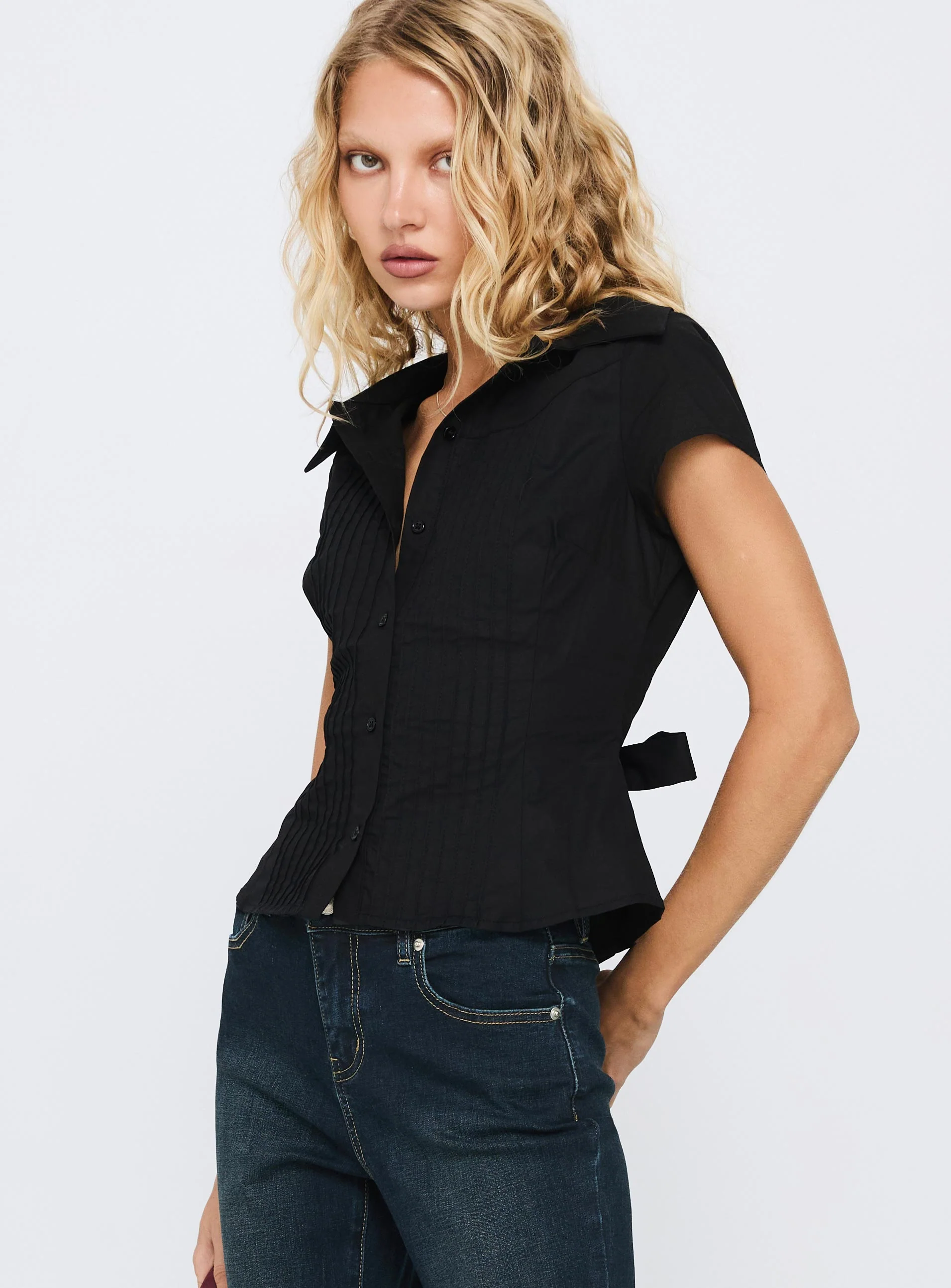 Akiyo Button Up Blouse Top Black