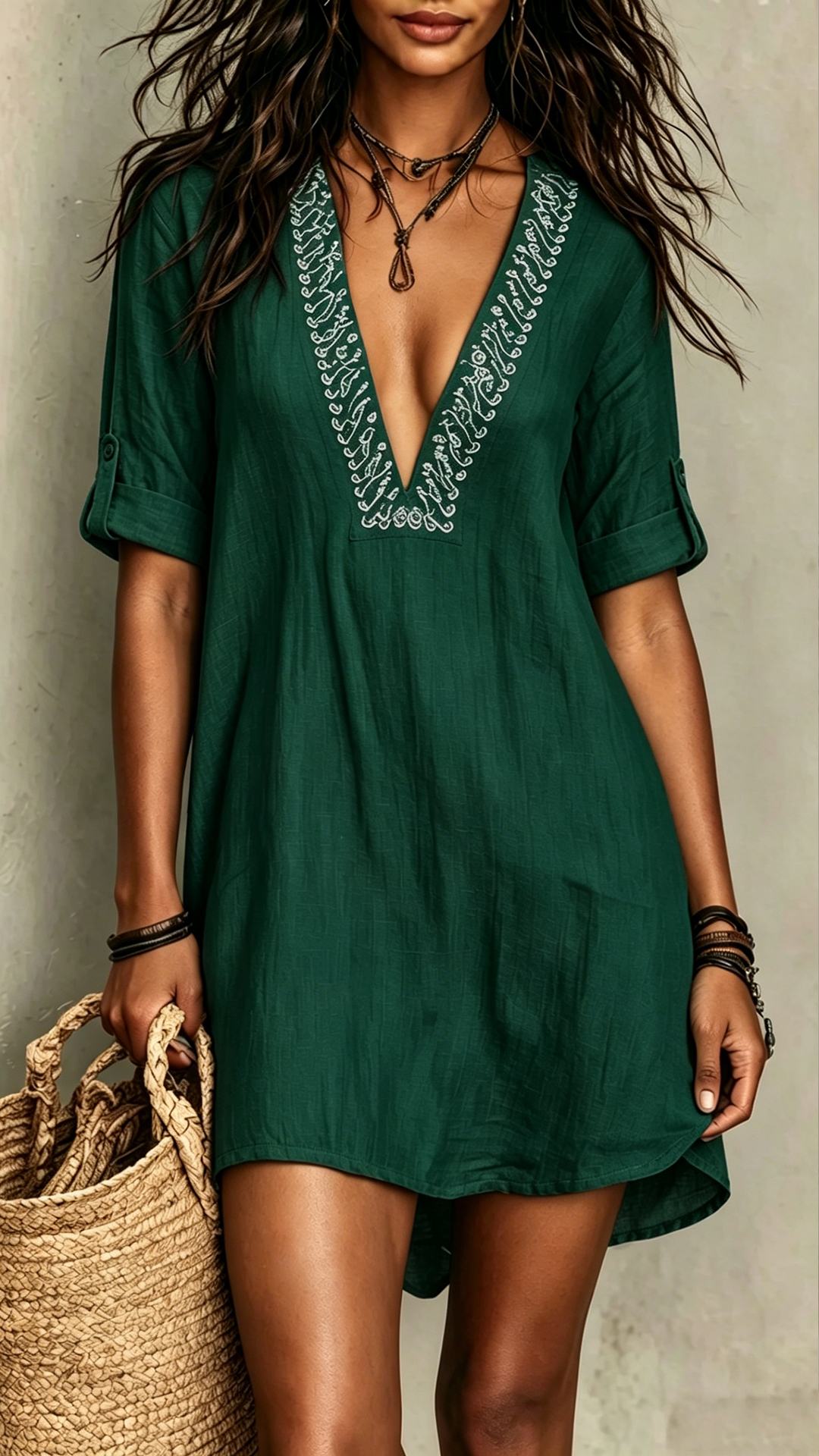 Women's Cotton-Blend Embroidered V-Neck Midi-Sleeve Dress - Nordfashionstorm - Women's Clothing, Fashion for You - Nordfashionstorm.com