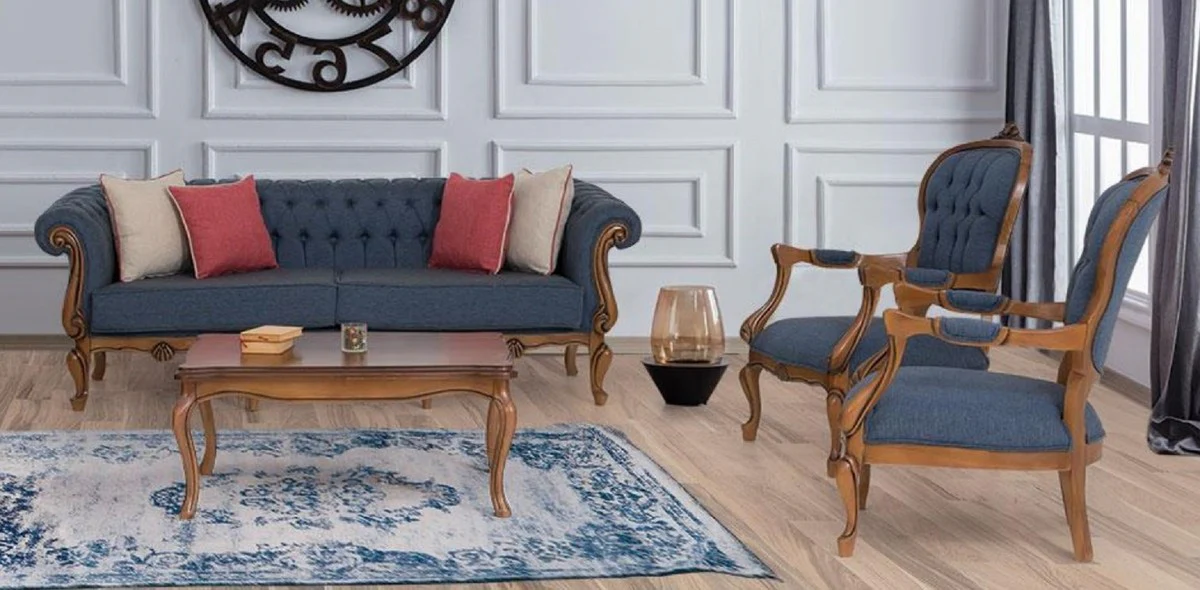 Luxury Baroque Living Room Set Blue / Brown - 2 Baroque Sofas & 2 Baroque Armchairs & 1 Baroque Coffee Table - Baroque Living Room Furniture