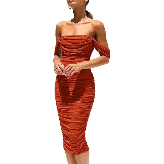 PrettyGarden Women's Summer Midi Dress Off Shoulder Ruched Bodycon Dresses Sleeveless Fitted Party Club Cocktail Womenswear
