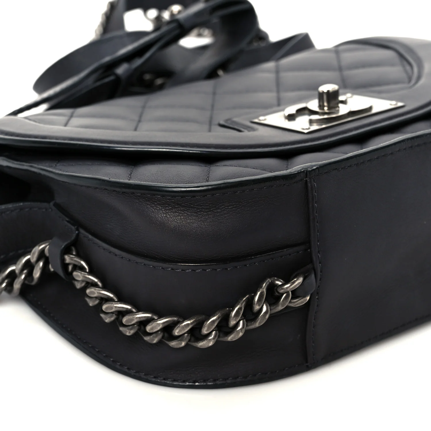 Shiny Goatskin Quilted Small Double Chained Messenger Flap Black - Top Club