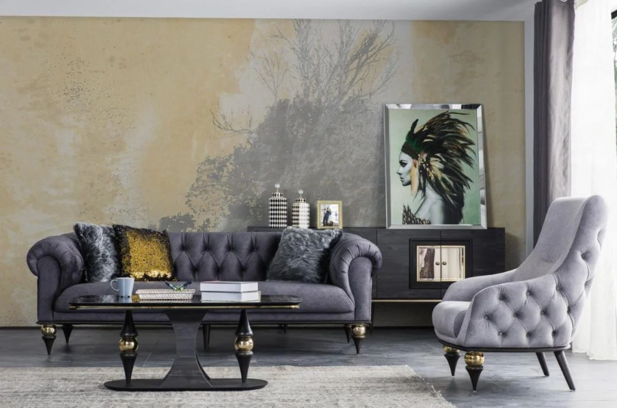 Luxury Art Deco coffee table black / gray / brass 120 x 70 x H. 46 cm - Rectangular living room table with glass top in marble look - Furniture