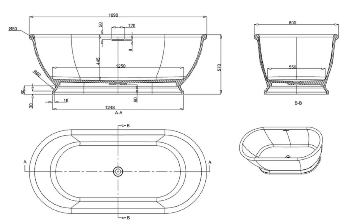 Freestanding luxury Art Nouveau bathtub white 169 x 80 x H. 57 cm - luxury quality