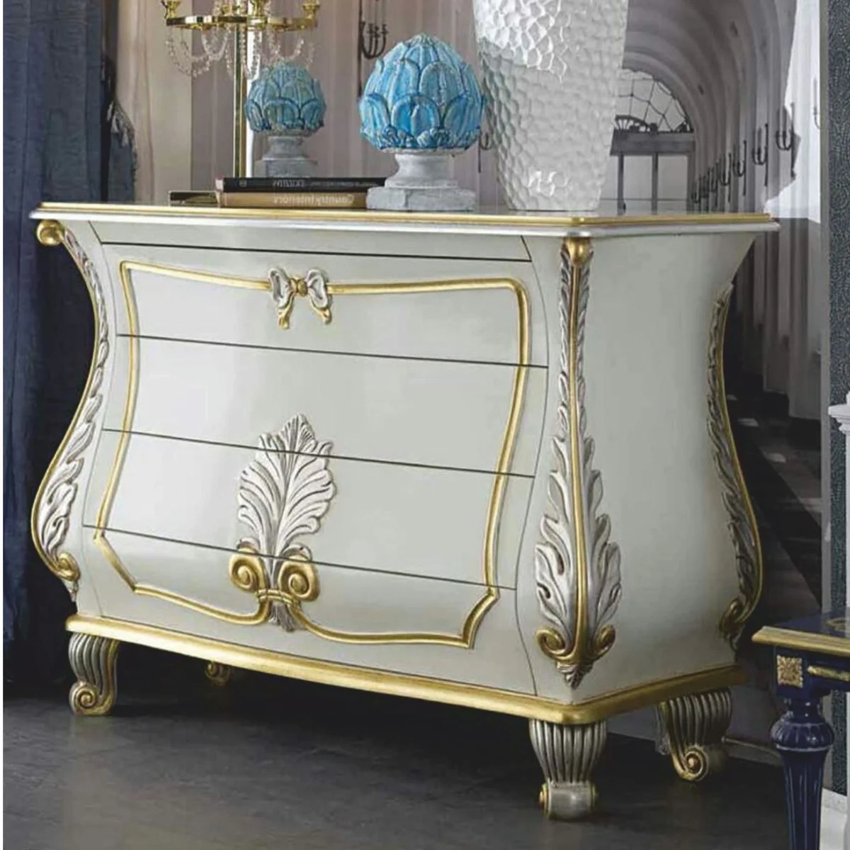 Luxury Baroque chest of drawers white / silver / gold 135 cm - Made in Italy