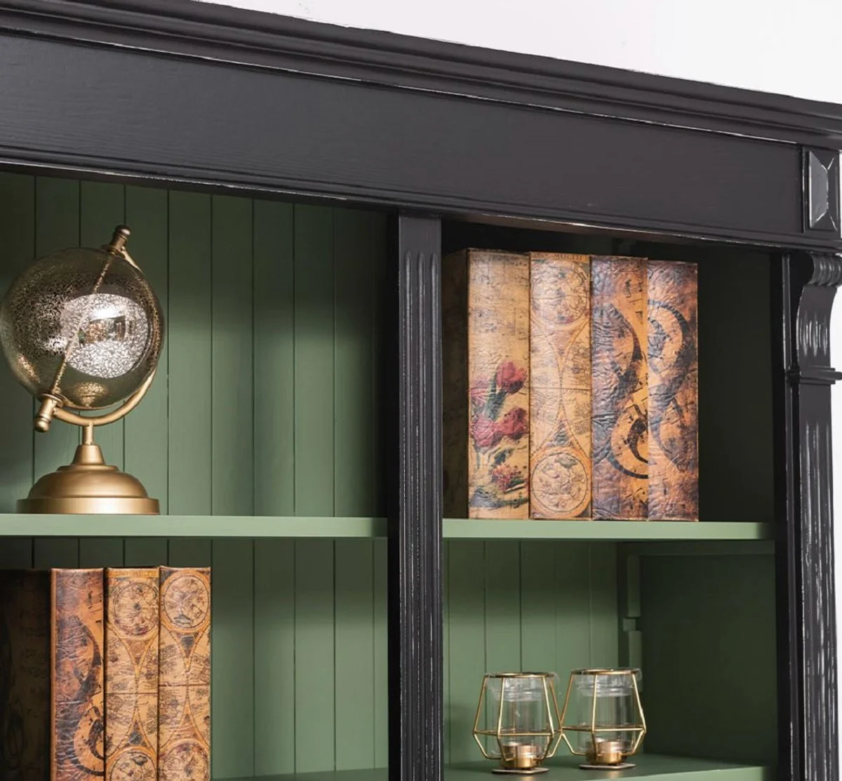 Country house style bookcase antique black / green 120 x 39 x H. 197 cm - solid wood cabinet - shelf cabinet - living room cabinet - office cabinet - country house style furniture