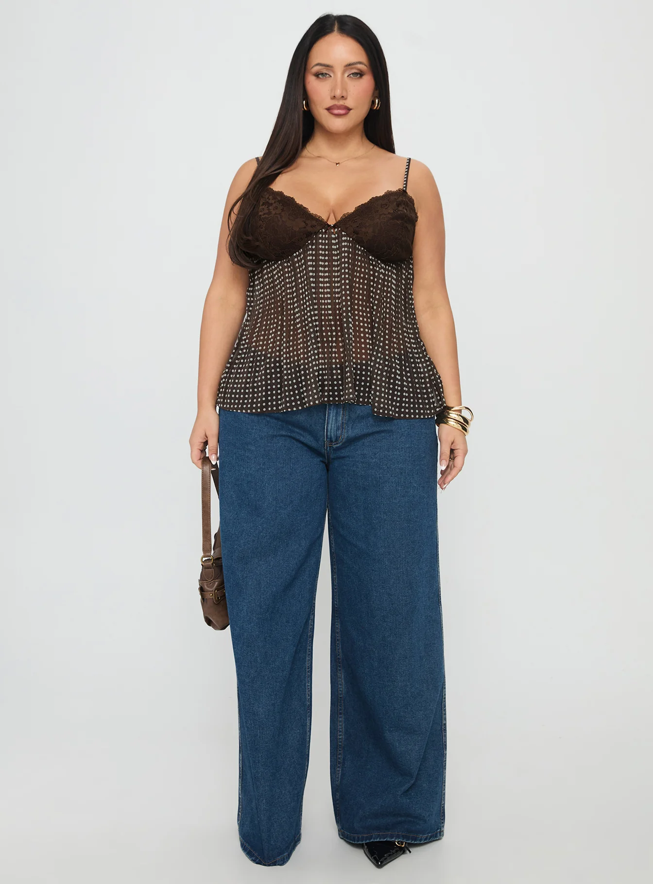 Zami Pleat Top Brown Polka Curve