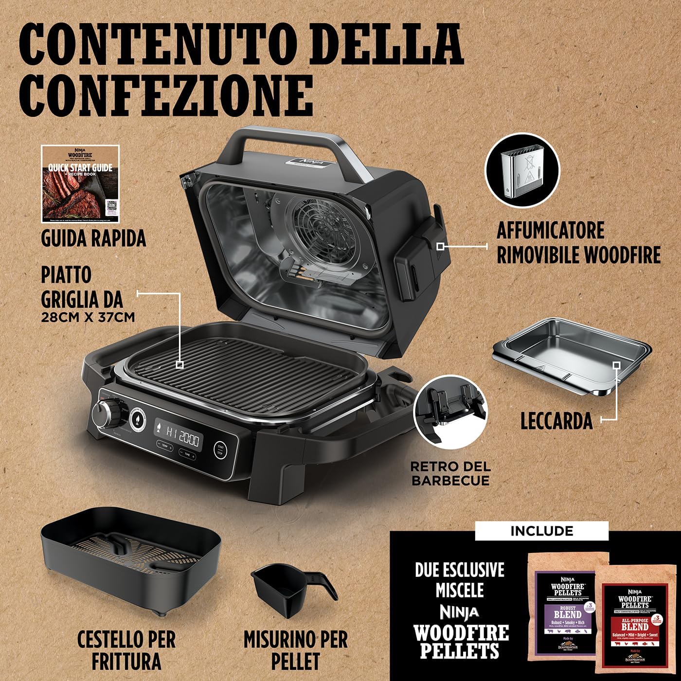Ninja Woodfire Barbecue Elettrico, Affumicatore e Friggitrice ad Aria 7 in 1, per Grigliare, Friggere, Affumicare, Arrostire e Cuocere all'Aperto, Antiaderente, Portatile, Grigio/Nero OG701EU