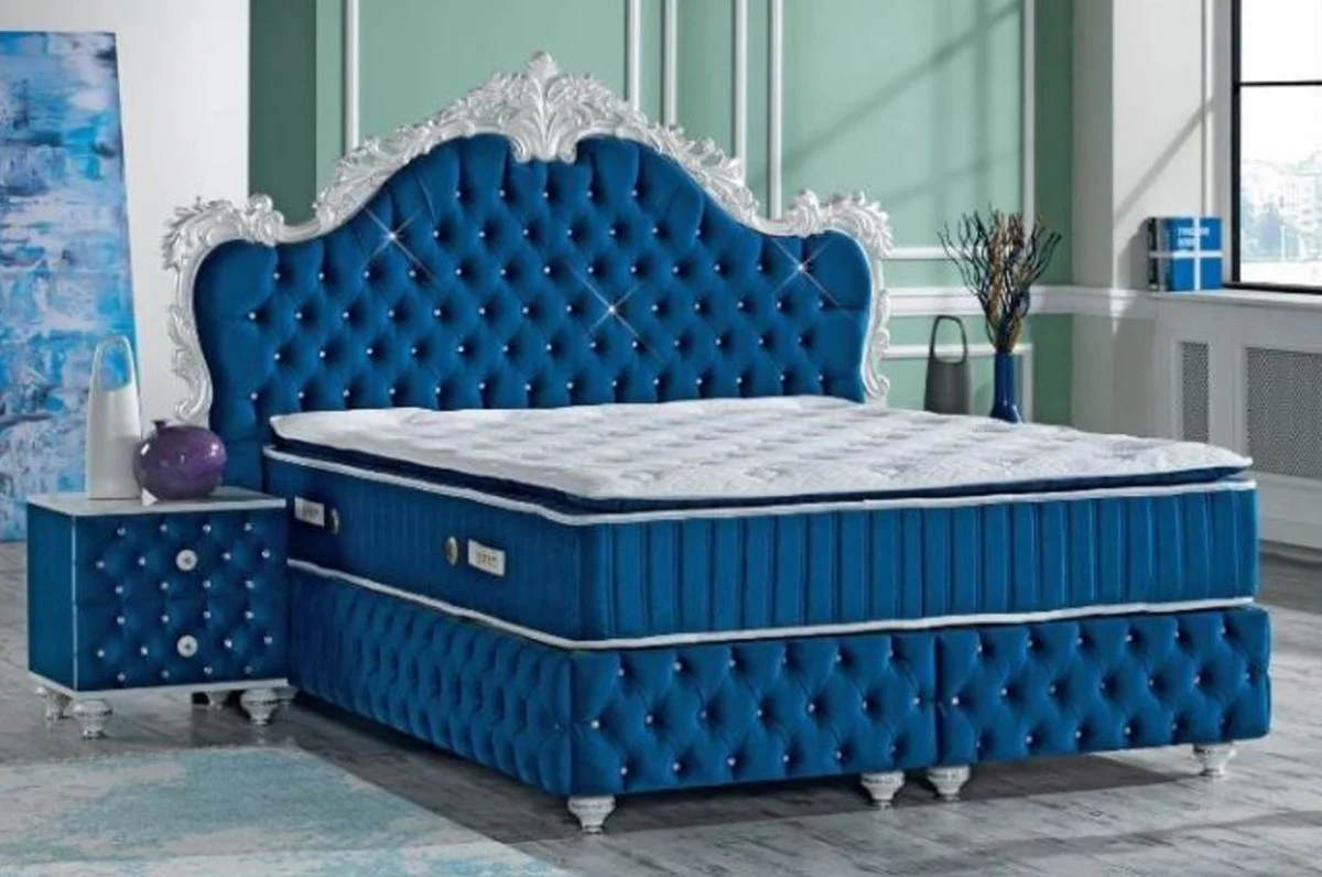 Baroque bedside table with rhinestones and 2 drawers royal blue / white / silver 50 x 50 x H. 50 cm - Side table in baroque style - Baroque bedroom furniture